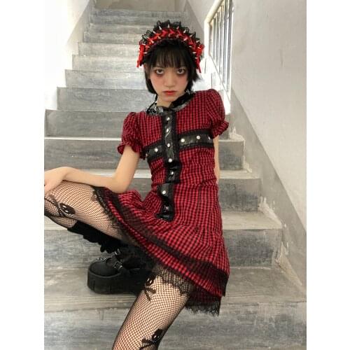 Ruibbit Hot Girl Harajuku Gothic Punk Bandage Red Black Dress Cross Plaid Stitching Rivet Lace Lolita Puff Sleeve Dress