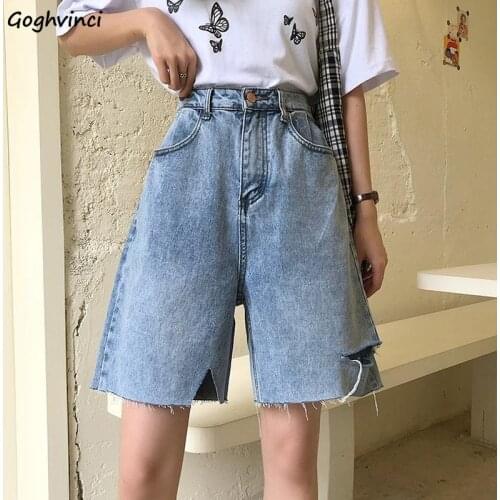 Shorts Women Washed Blue Denim High Waist Retro Street Fashionable Female Leisure Loose Holes Design Summer Wide Leg Ulzzang Ins