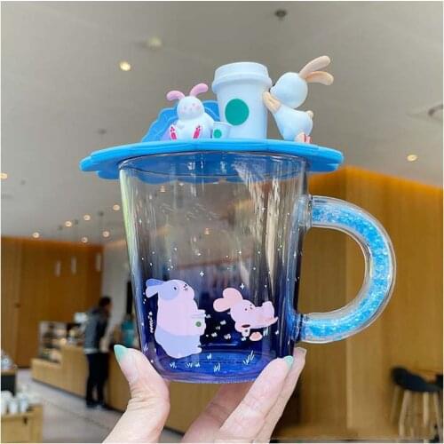 Star Daddy Blue Moon Rabbit Glass Cup with Diamond Handle with Moon Rabbit Cup Lid
