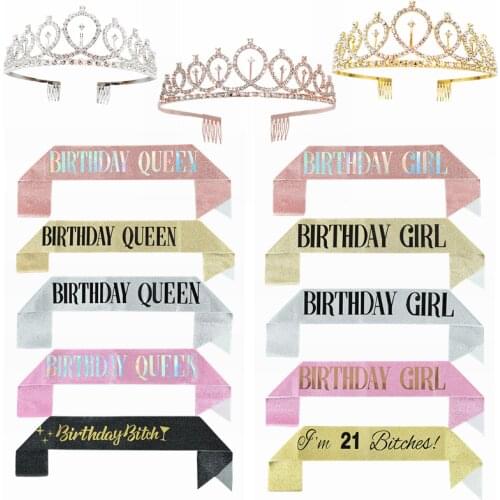 Birthday Bling Rhinestone Crystal Crown Tiara Rose Gold Silver Satin Sash Decorations Happy Birthday Anniversary Party Supplies