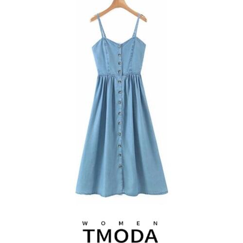 TMODA555 Za 2021 Summer New Fashion Tide High Waist Spaghetti Strap Single-breasted Sleeveless Solid Color Loose Dress