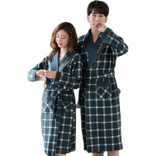 Spring And Autumn 100% Cotton Fashion Style Couple Bathrobe Mens Robe Long Sleeve Nightgown Peignoir Bathrobe Plaid Bathrobe