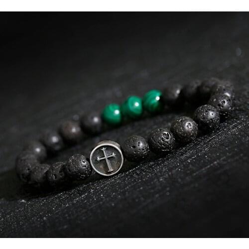 Vintage Cross Natural Lava Stone Beads Bracelet Femme Charm Men Strand Bracelets Bangles Women Fashion Jewelry Pulseras Mujer