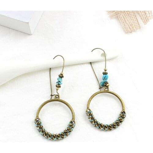 Vintage Hand-woven Color Silk Earrings Geometric Round Beads Stone National wind Ear Hook Europe and America Ladies Jewelry