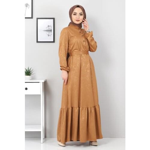 Jakarlı Tesettür Elbise TSD4432 Kahverengi