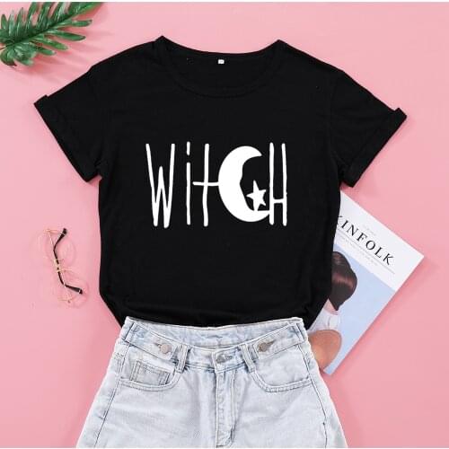 Moon Witch and Star Print fashion funny T-Shirts women o-neck short sleeve cute top tees for Ladies girl TX5823