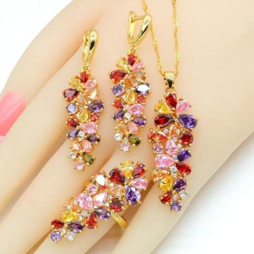 2021 New Multi Color Zirconia Gold Color Jewelry Sets for Women Earrings Necklace Pendant Rings Gift Box