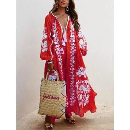 New Bohemian Floral Print Tassel Long Dresses Spring Elegant Vintage V Neck Loose Casual Lantern Sleeve Dress Women Lady
