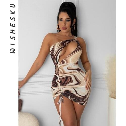 Women Summer One Shoulder Sleeveless Printed Bodycon Party Mini Dress 2021 Female Fashion Sundress Y2K Clothing Streetwear