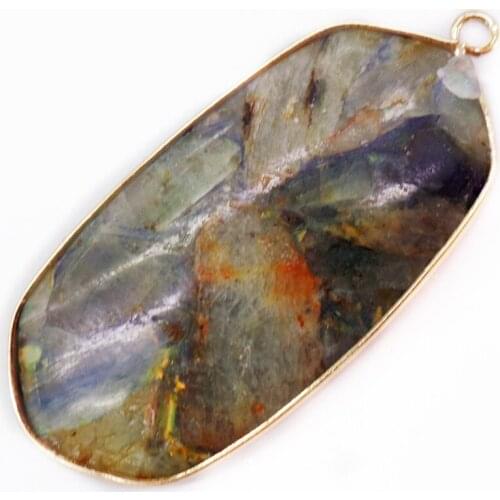 1Pcs 49x23x5mm Gray Sea Sediment Jasper & Pyrite Oblong Metal Package Edge Pendant Bead DIY Jewelry Accessories S848