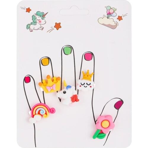 5PCs/Lot Kids Cute Cartoon Rings Flower Rainbow Horse Bow Crown Ring Set Mix Finger Jewelry Creative Accessories Girl Gifts