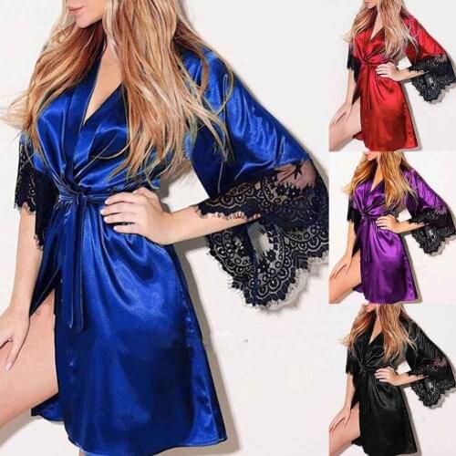 Bath Robe Women Sexy Solid Color Lace Patchwork Half Sleeve Belt Nightdress Bath Robe