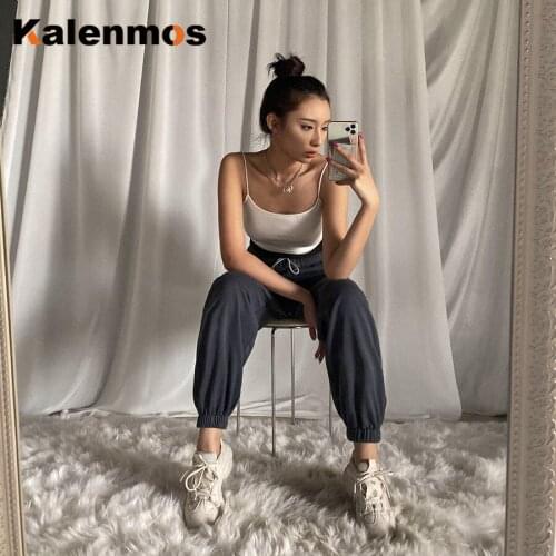 KALENMOS Leisure Elastic Print Pants High Waist Women Spring Straight Loose Punk Trousers Pantalon Femme Long Chic Tracksuit