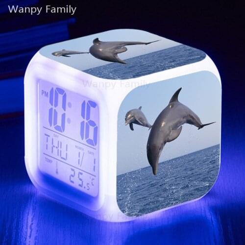 Cute Dolphin Alarm Clock 7 Color Glowing LED Big Screen Digital Alarm Clock Kids Birthday Gift Multifunction Touch Sensing Clock