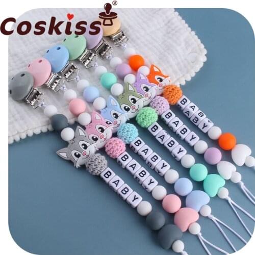 Coskiss Personalized Name Handmade Pacifier Clips Holder Chain Silicone Pacifier Chains Set Civet Cat Baby Teether Chain