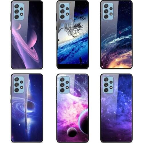 Case Samsung Galaxy A32 A52 A72 Phone Case Back Cover Black Silicone Bumper With Tempered Glass Star Sky Pattern