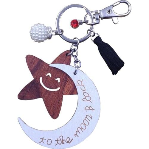 Smile Star Moon Wood Wooden Keychain Lovely Ethnic Unique Handmade Key Ring Tassels Bohemia Women Girl Jewelry Gift BY009-012