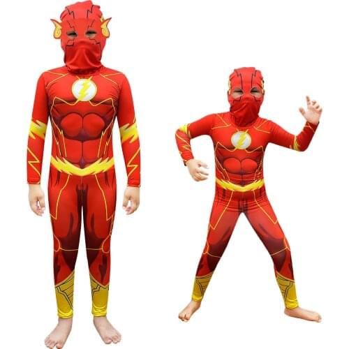 The Flash Cosplay Halloween Costumes for Kids Superhero Fancy Dress Fantasia Boys Party Muscle Clothing with Headgear Mask Sets