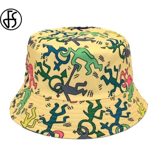 FS Summer Fashion Cartoon Character Print Fisherman Hat Hip Hop Caps For Men Women Sunscreen Sun Hat Yellow Orange Bucket Cap