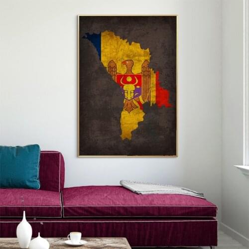 Retro Country Flag Maps Poster Moldova Country Flag Map Canvas Print Home Decor Wall Art Decor No Frame