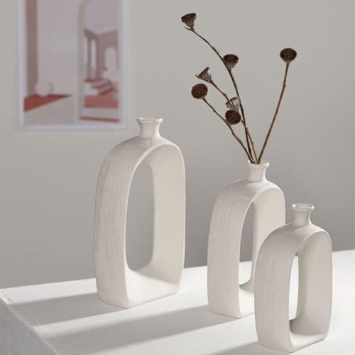 Modern White Ceramic Dried Flower Vase Abstract Hollow Out Door Shaped Flowerpot Hydroponics Plant Holder Home Decor