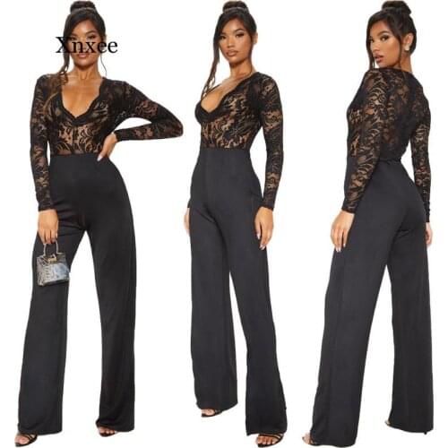 Deep V Neck Lace Mesh Splicing Long Sleeve Straight Rompers Slim Bodysuit Women Elegant Lady Casual Jumpsuit Overalls Trousers