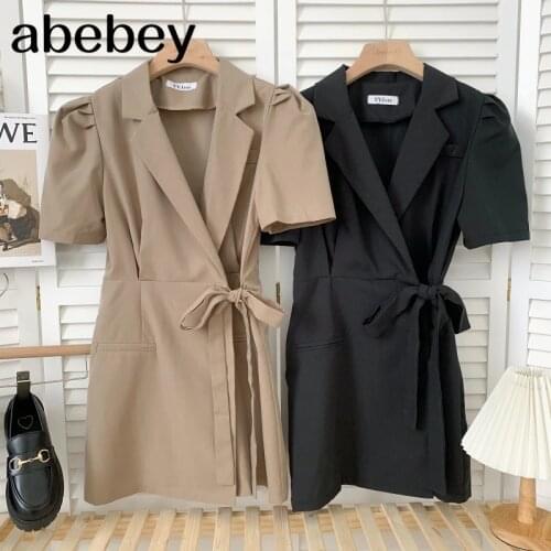 Korean fashion turn-down collar short sleeve Dress high waist pleated waist lace bow solid A-line Dress 2021 New Summer