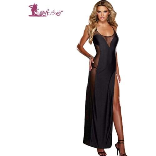 Lurehooker 2017 Sexy Lingerie Hot Black Perspective Gauze Split Sling Long Dress Backless Large Size Erotic Underwear +T-thongs
