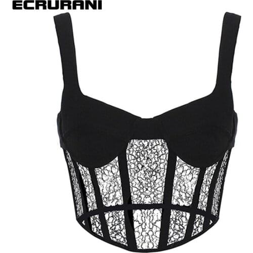 ECRURANI Patchwork Lace Sexy Vests For Female Square Collar Sleeveless Backless High Waist Slimming Tank Tops Female Summer 2021