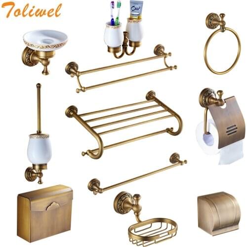 Bathroom Accessories Set Antique Brass Collection Carved Wall Mounted Brass Hardware Towel Ring Bar Toilet Paper Holder Soap