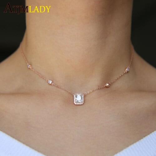 NEW ROSE GOLD COLOR 925 sterling silver matal fine wedding jewelry sparking bling square cubic zirconia cz elegant necklace
