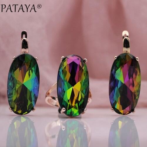 PATAYA New 585 Rose Gold True White Gold AB Color Artificial Zircon Big Earrings Rings Sets Women Wedding Party Vintage Jewelry