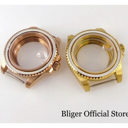 Rose Gold/Yellow Gold Coated Automatic Watch Case fit NH35A NH36A Seeing Glass Back Unidirectional Bezel Sapphire Crystal