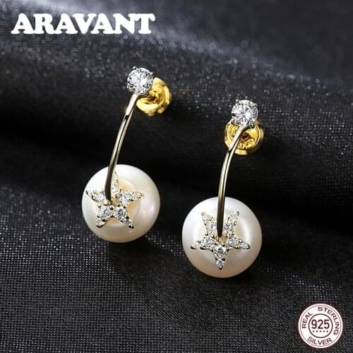 Silver 925 Jewelry 11MM White Pink Pearl Drop Earrings Women Party Silver CZ Stone Star Earring