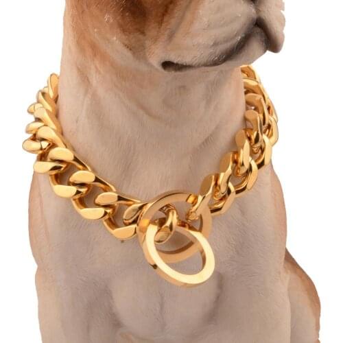 Tiasri Stainless Steel Dog Chain Training Pet Collars Thickness Gold Color Slip Dogs Collar Adjustable Size Bulldog Dog Leash