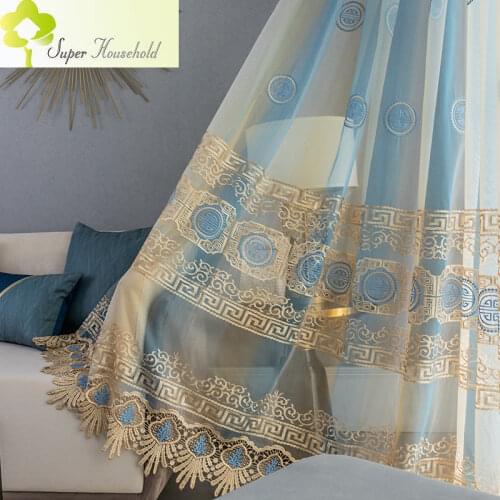 Traditional Chinese Geometric Embroidery Gauze Curtains for Living Room Lace Tulle for Bedroom Sheer Window Kitchen Drapes SP27