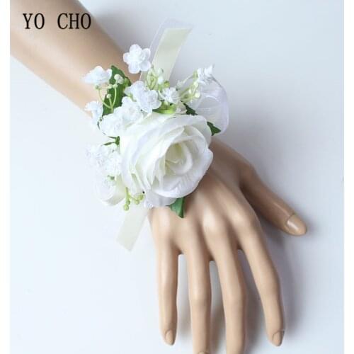 YO CHO Artificial Silk Roses White Bridal Wrist Flowers Bridesmaid Wrist Corsage Bracelets Supplies Groom Boutonnieres Wedding