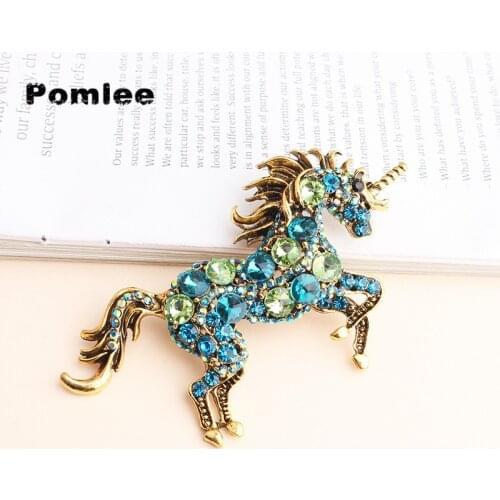 Pomlee Green Blue Rhinestone Horse Brooches For Women Unicorn Brooch Dual purpose brooch Animal Fashion Jewelry Vintage Coat Pin