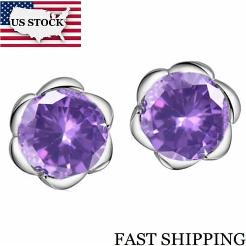 US STOCK Fashion Silver Color Earings Jewelry Women Flower Bijouterie Purple Crystal Stud Earrings Brincos Uloveido R282