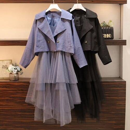 Plus size autumn fashion temperament short jacket and long ruffle mesh dress two piece suit for elegant office lady 2 piece set
