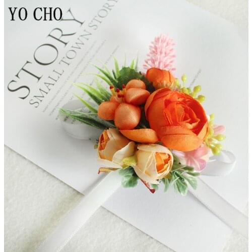 YO CHO Wedding Wrist Corsage Bracelet Women Groom Boutonniere Pins Cuff Bracelet Bridesmaid Wedding Witness Silk Corsage Flowers