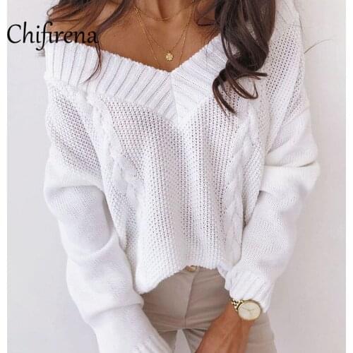 Chifirena Long Sleeve Women Sweaters Loose Jumper Pull Twist Tops Knitted V Neck Oversized Ladies Winter Cold Shoulder Sweaters