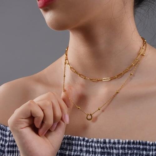 FANSHIDI U Horseshoe Pendant Necklaces For Woman Stainless Steel Multi-layer Layer ChainRound Disc Sequins