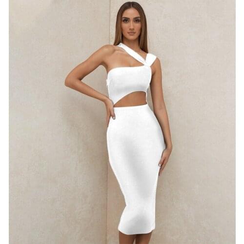 KLEEZY 2021 New Summer Women Sexy Strap Hollow Out Bodycon One Shoulder Bandage Mid-Calf Dress Nightclub Party Clothing Vestidos
