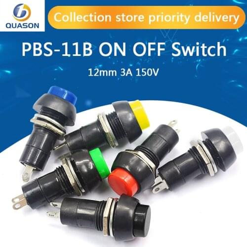 1Pack=5pcs PBS-11B 2PIN 12mm No Lock Self reset ON OFF Push Button Momentary Switch 3A 150V Black Blue Red Green