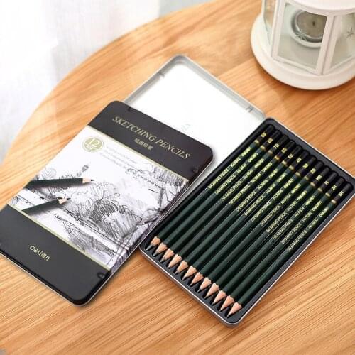 12 pcs / box Deli s949 hexagon sketch pencil metal box gift set, drawing non-toxic pencil 3h-9b, student stationery