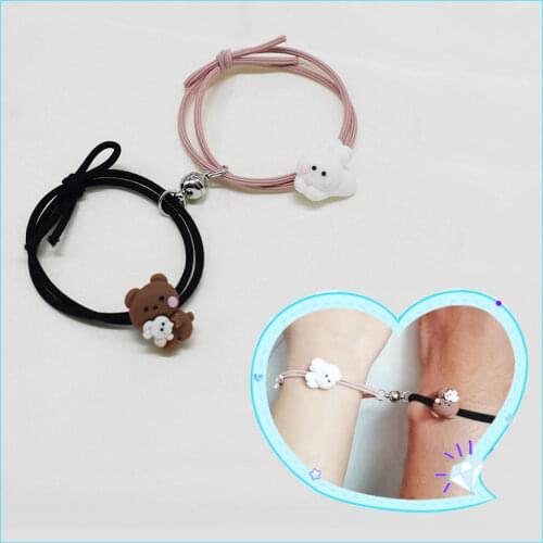 2pcs Per Set Magnet Bracelet for Best Friend&Couples Cute Bear Pendant Bracelet Elastic Rope Paired Bracelet Gift