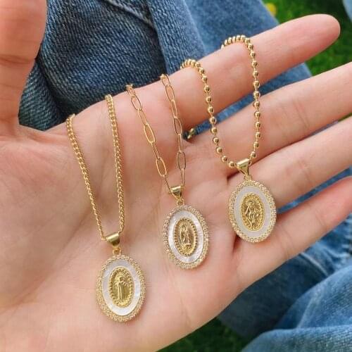 5Pcs Gold plated Jesus Virgin Mary oval pendant necklace cz shell necklace Cuban/ paper clip/beads chain Religious Jewelry