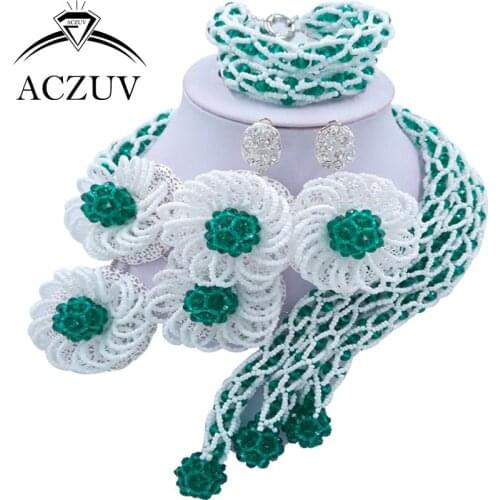 ACZUV Fashion Army Green and White Crystal Jewelry Set African Wedding Beads Nigerian Necklace Big Earrings Sets C3F019