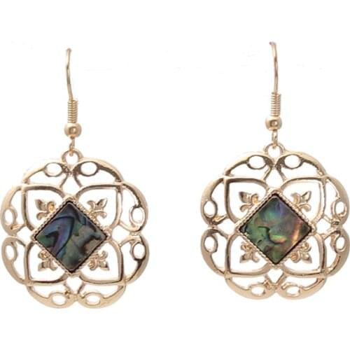 Hollow Out Floral Drop Earrings Square Nature Stone Abalone Shell Dangle Jewelry